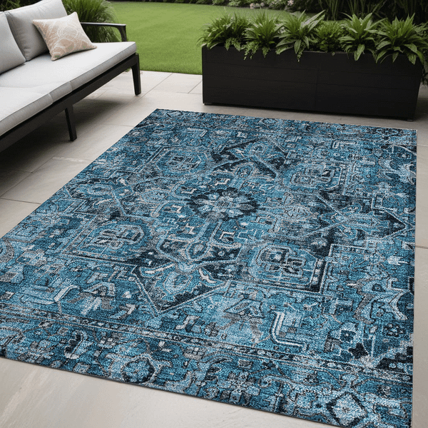 5' X 8' Denim and Gray Oriental Washable Non Skid Indoor Outdoor Area Rug N270-563749