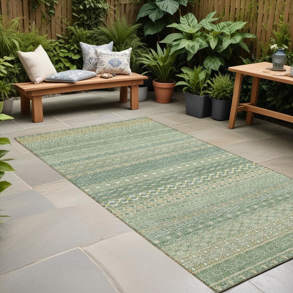 2' X 8' Artichoke Green Striped Washable Indoor Outdoor Runner Rug N270-560682