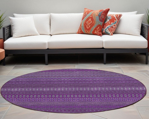 8' Round Eggplant Round Striped Washable Non Skid Indoor Outdoor Area Rug N270-560704