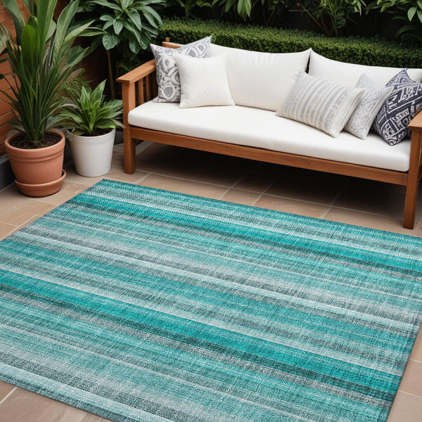 8' X 10' Teal and Gray Striped Washable Non Skid Indoor Outdoor Area Rug N270-562098