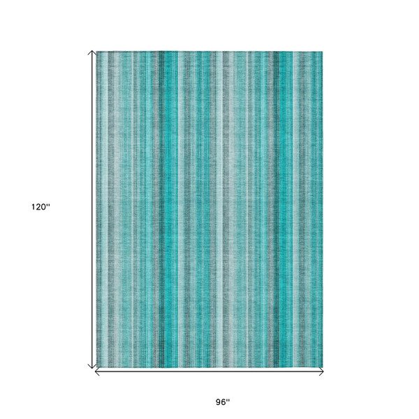 8' X 10' Teal and Gray Striped Washable Non Skid Indoor Outdoor Area Rug N270-562098