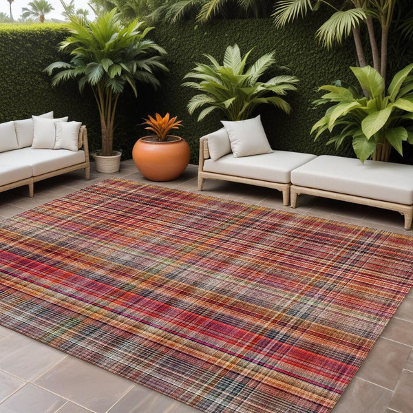 9' X 12' Red Plaid Washable Non Skid Indoor Outdoor Area Rug N270-561919