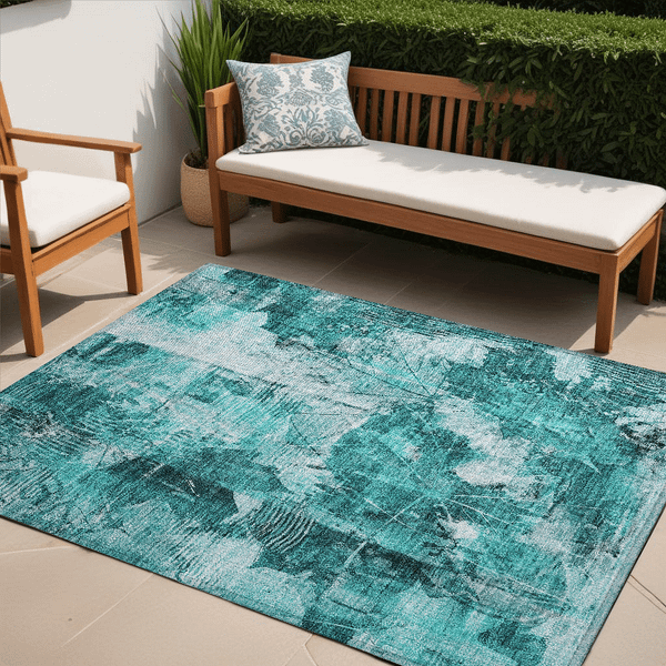 5' X 8' Teal Floral Washable Non Skid Indoor Outdoor Area Rug N270-563209