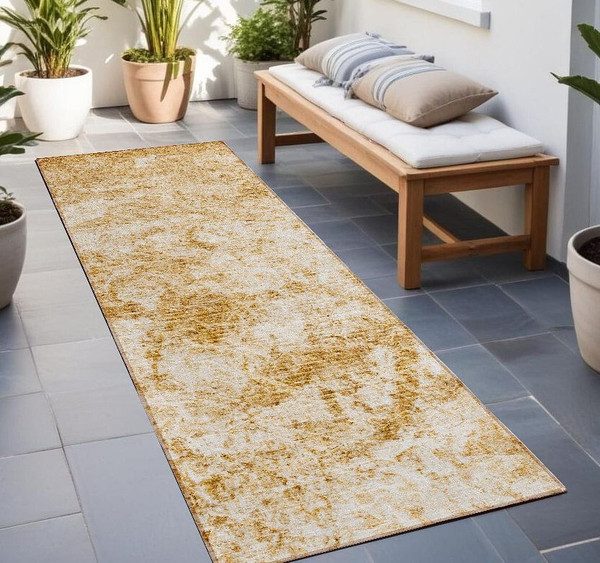 8' Runner Cream and Gold Abstract Washable Non Skid Indoor Outdoor Runner Rug N270-562651