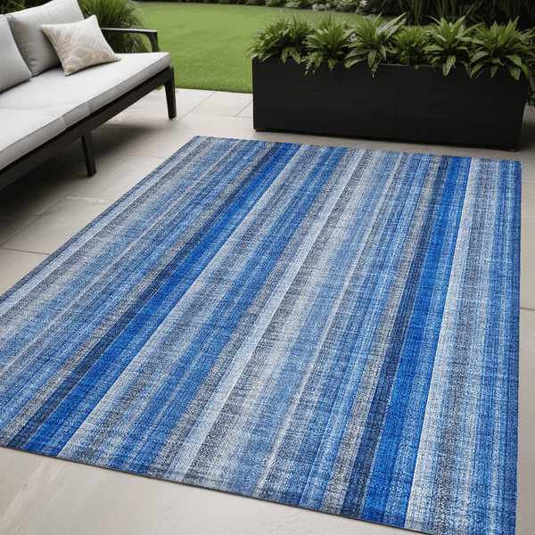 5' X 8' Blue Striped Washable Non Skid Indoor Outdoor Area Rug N270-562024