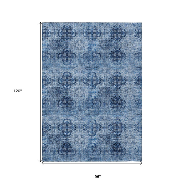 8' X 10' Navy Blue Floral Medallion Washable Non Skid Indoor Outdoor Area Rug N270-562968