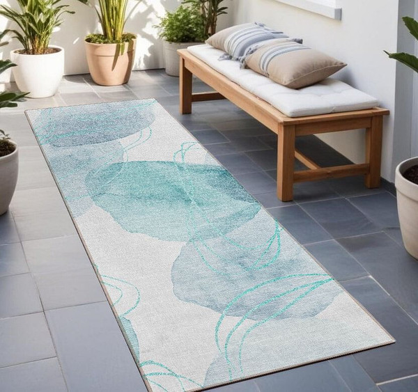 8' Runner Teal and Ivory Abstract Washable Non Skid Indoor Outdoor Runner Rug N270-562129