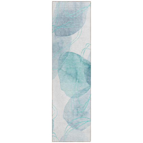 8' Runner Teal and Ivory Abstract Washable Non Skid Indoor Outdoor Runner Rug N270-562129