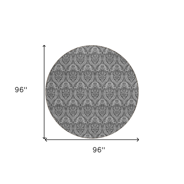 8' Round Gray Round Damask Washable Non Skid Indoor Outdoor Area Rug N270-563876