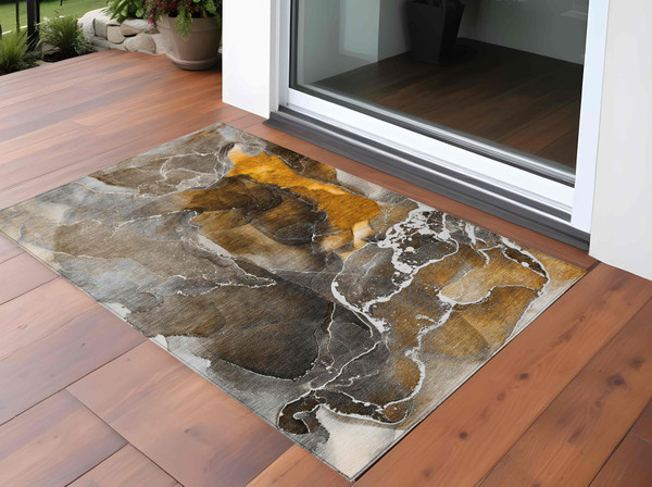 2' X 3' Brown and Gray Abstract Washable Non Skid Indoor Outdoor Area Rug N270-559433