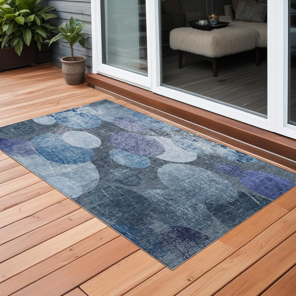 3' X 5' Gray and Blue Abstract Washable Non Skid Indoor Outdoor Area Rug N270-562902