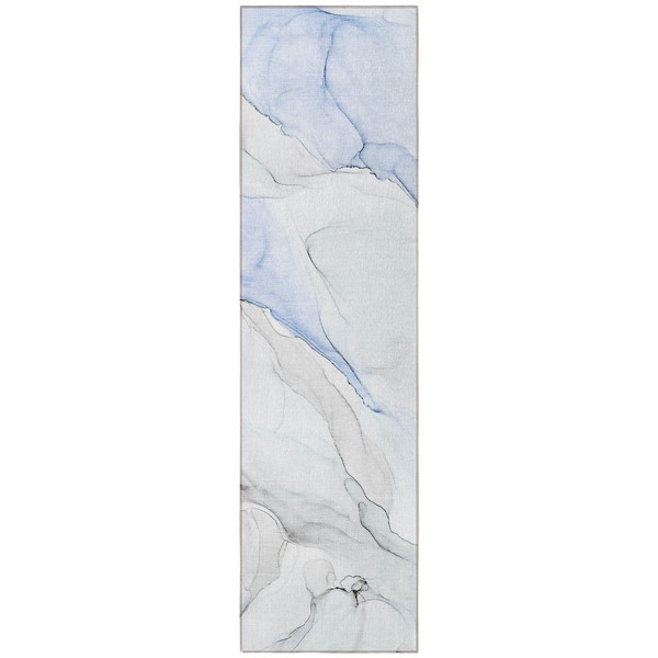 8' Runner Ivory Blue and Gray Abstract Washable Non Skid Indoor Outdoor Runner Rug N270-560149