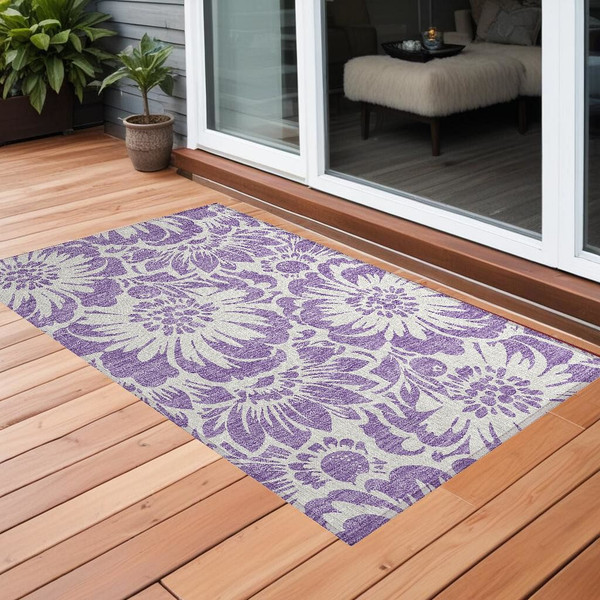 2' X 3' Purple and Ivory Floral Washable Non Skid Indoor Outdoor Area Rug N270-562515