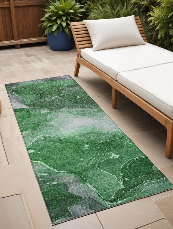 8' Runner Emerald Abstract Washable Non Skid Indoor Outdoor Runner Rug N270-560502