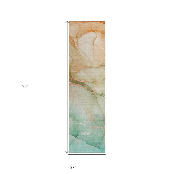8' Runner Teal Abstract Washable Non Skid Indoor Outdoor Runner Rug N270-559839
