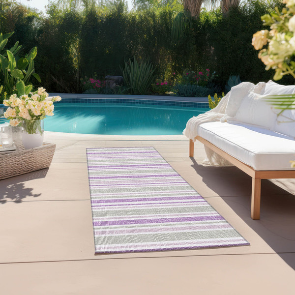 2' X 8' Purple Gray and White Striped Washable Non Skid Indoor Outdoor Area Rug N270-561240