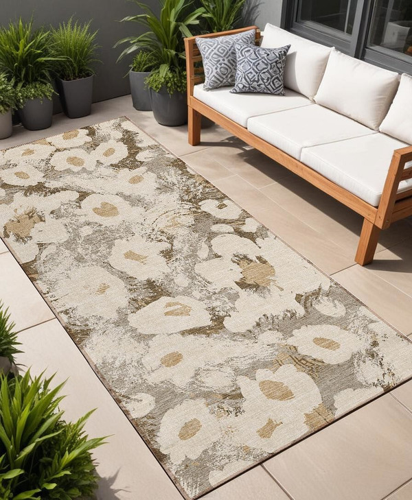 8' Runner Khaki Floral Washable Non Skid Indoor Outdoor Runner Rug N270-561724