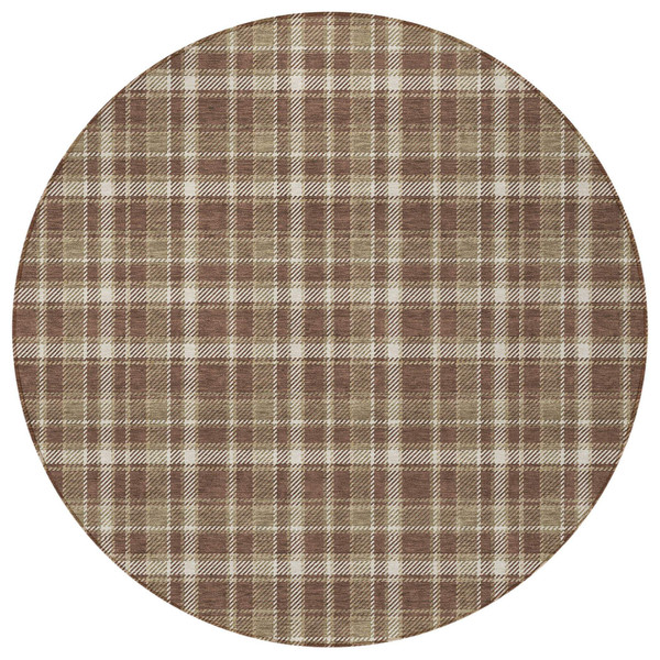 8' Round Chocolate and Ivory Round Plaid Washable Non Skid Indoor Outdoor Area Rug N270-563345