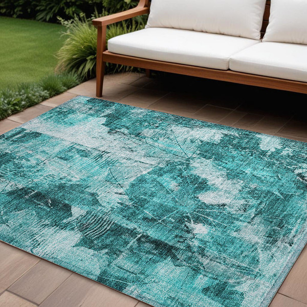 9' X 12' Teal Floral Washable Non Skid Indoor Outdoor Area Rug N270-563212