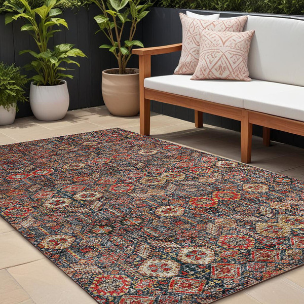 9' X 12' Red and Dark Blue Floral Washable Non Skid Indoor Outdoor Area Rug N270-564372