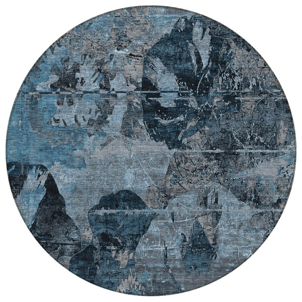 8' Round Blue and Dark Blue Round Floral Washable Non Skid Indoor Outdoor Area Rug N270-562745