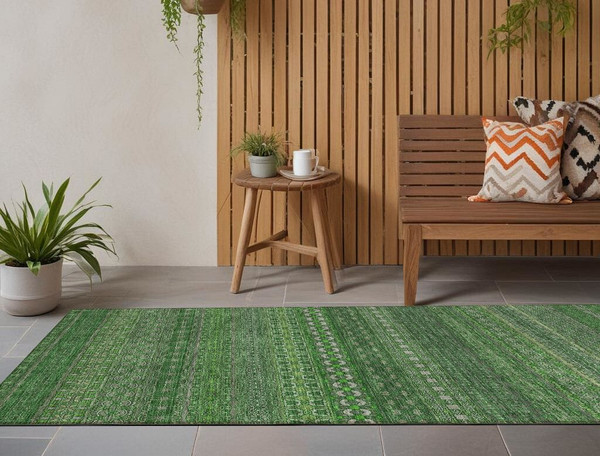 2' X 8' Fern Green Striped Washable Indoor Outdoor Runner Rug N270-560709
