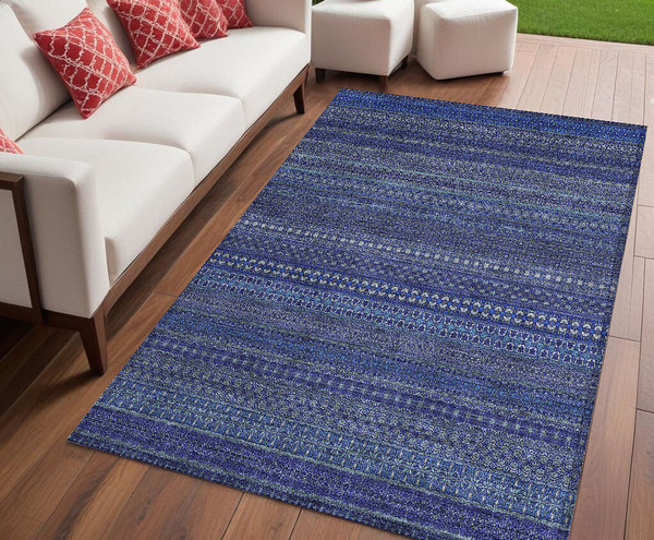 5' X 8' Navy Blue Striped Washable Non Skid Indoor Outdoor Area Rug N270-560748