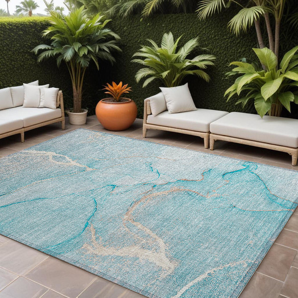9' X 12' Teal Abstract Washable Non Skid Indoor Outdoor Area Rug N270-559909