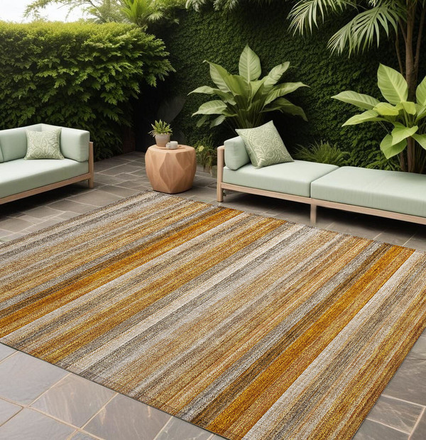 8' X 10' Brown and Orange Striped Washable Non Skid Indoor Outdoor Area Rug N270-561535