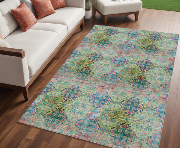 5' X 8' Blue and Green Floral Medallion Washable Non Skid Indoor Outdoor Area Rug N270-562957