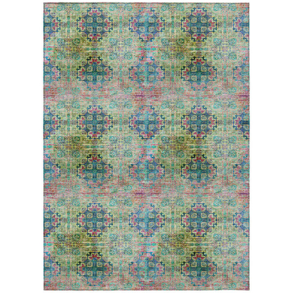 5' X 8' Blue and Green Floral Medallion Washable Non Skid Indoor Outdoor Area Rug N270-562957
