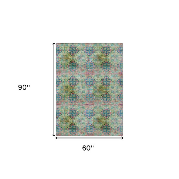 5' X 8' Blue and Green Floral Medallion Washable Non Skid Indoor Outdoor Area Rug N270-562957