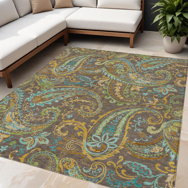 5' X 8' Brown Aqua and Gold Paisley Washable Non Skid Indoor Outdoor Area Rug N270-561396
