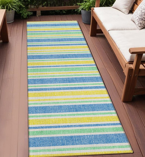 2' X 8' Blue Yellow and Green Striped Washable Non Skid Indoor Outdoor Runner Rug N270-561294
