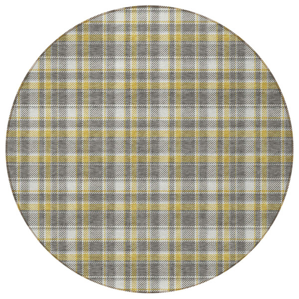 8' Round Gray Yellow and White Round Plaid Washable Non Skid Indoor Outdoor Area Rug N270-563354