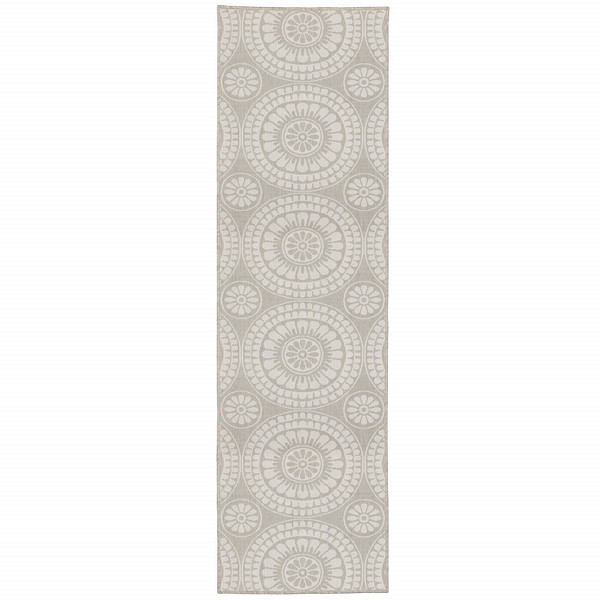 2' X 7' Gray and Ivory Geometric Stain Resistant Indoor Outdoor Area Rug N270-507769