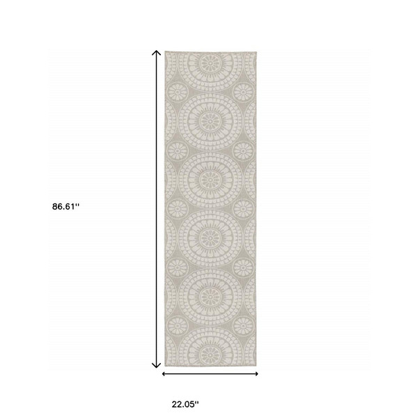 2' X 7' Gray and Ivory Geometric Stain Resistant Indoor Outdoor Area Rug N270-507769