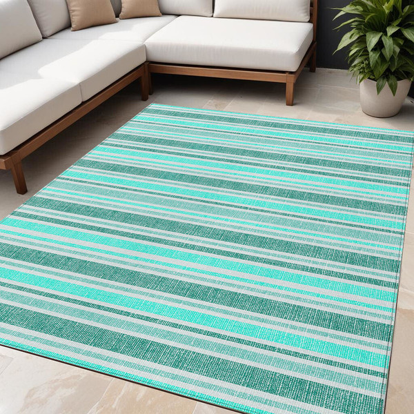 5' X 8' Turquoise Striped Washable Indoor Outdoor Area Rug N270-561288
