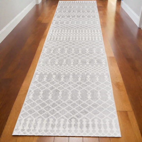 12' Runner Gray and Ivory Moroccan Power Loom Washable Runner Rug N270-532889