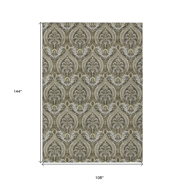 9' X 12' Taupe and Beige Damask Washable Non Skid Indoor Outdoor Area Rug N270-563896