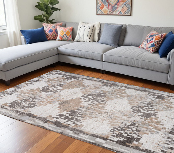 7' X 10' Cream and Brown Abstract Distressed Area Rug N270-559006