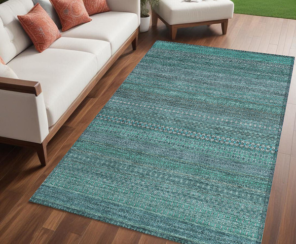 5' X 8' Turquoise Striped Washable Non Skid Indoor Outdoor Area Rug N270-560793