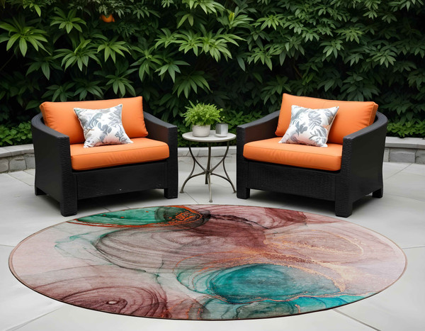 8' Round Burgundy Round Abstract Washable Non Skid Indoor Outdoor Area Rug N270-559997