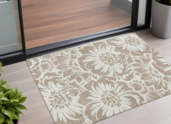 3' X 5' Taupe and Ivory Floral Washable Non Skid Indoor Outdoor Area Rug N270-562536