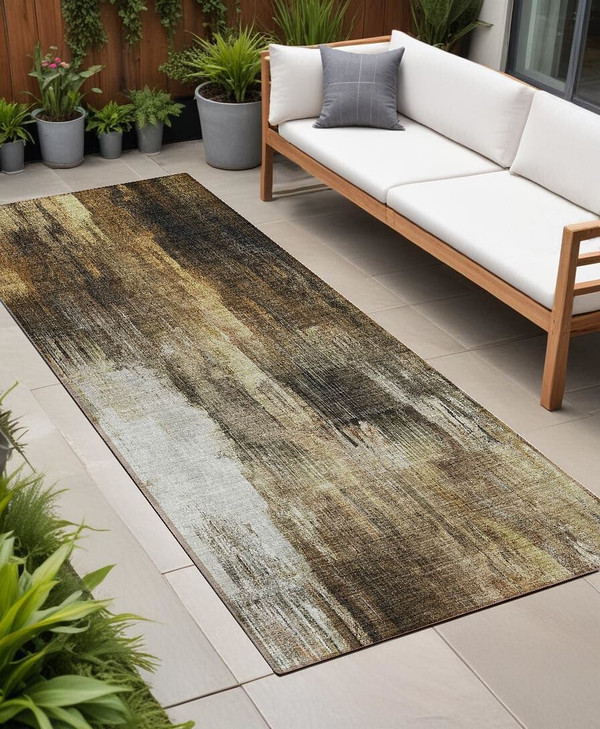 8' Runner Chocolate Abstract Washable Non Skid Indoor Outdoor Runner Rug N270-563593