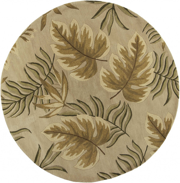 8' Sand Beige Hand Tufted Tropical Leaves Round Indoor Area Rug N270-350149