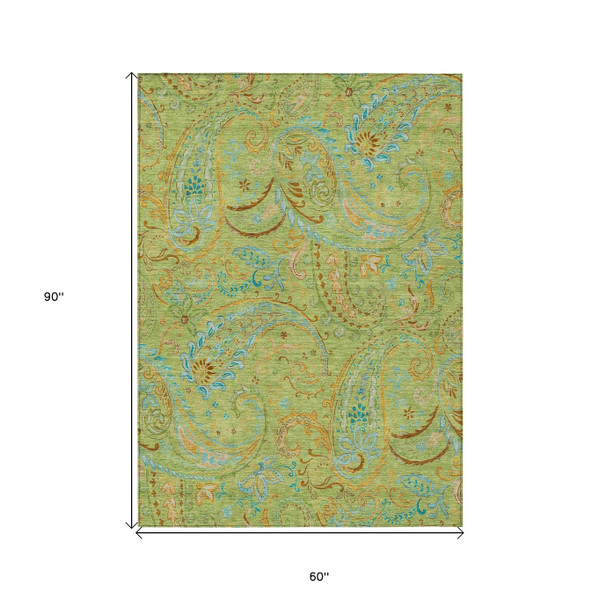 5' X 8' Artichoke Green Paisley Washable Indoor Outdoor Area Rug N270-561378