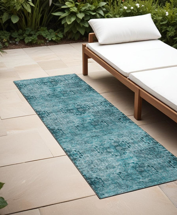 2' X 8' Teal Floral Medallion Washable Non Skid Indoor Outdoor Runner Rug N270-562999