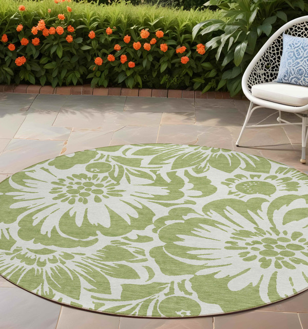 8' Round Green and Ivory Round Floral Washable Non Skid Indoor Outdoor Area Rug N270-562403
