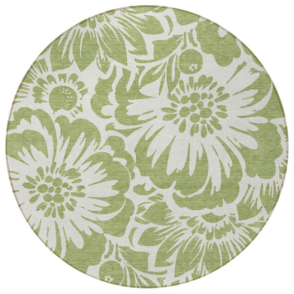 8' Round Green and Ivory Round Floral Washable Non Skid Indoor Outdoor Area Rug N270-562403